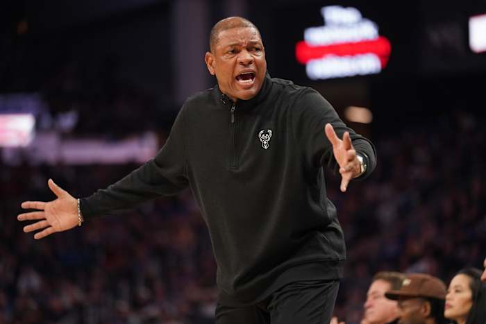 Milwaukee Bucks head coach Doc Rivers reacts to a call during action against the Golden State Warriors